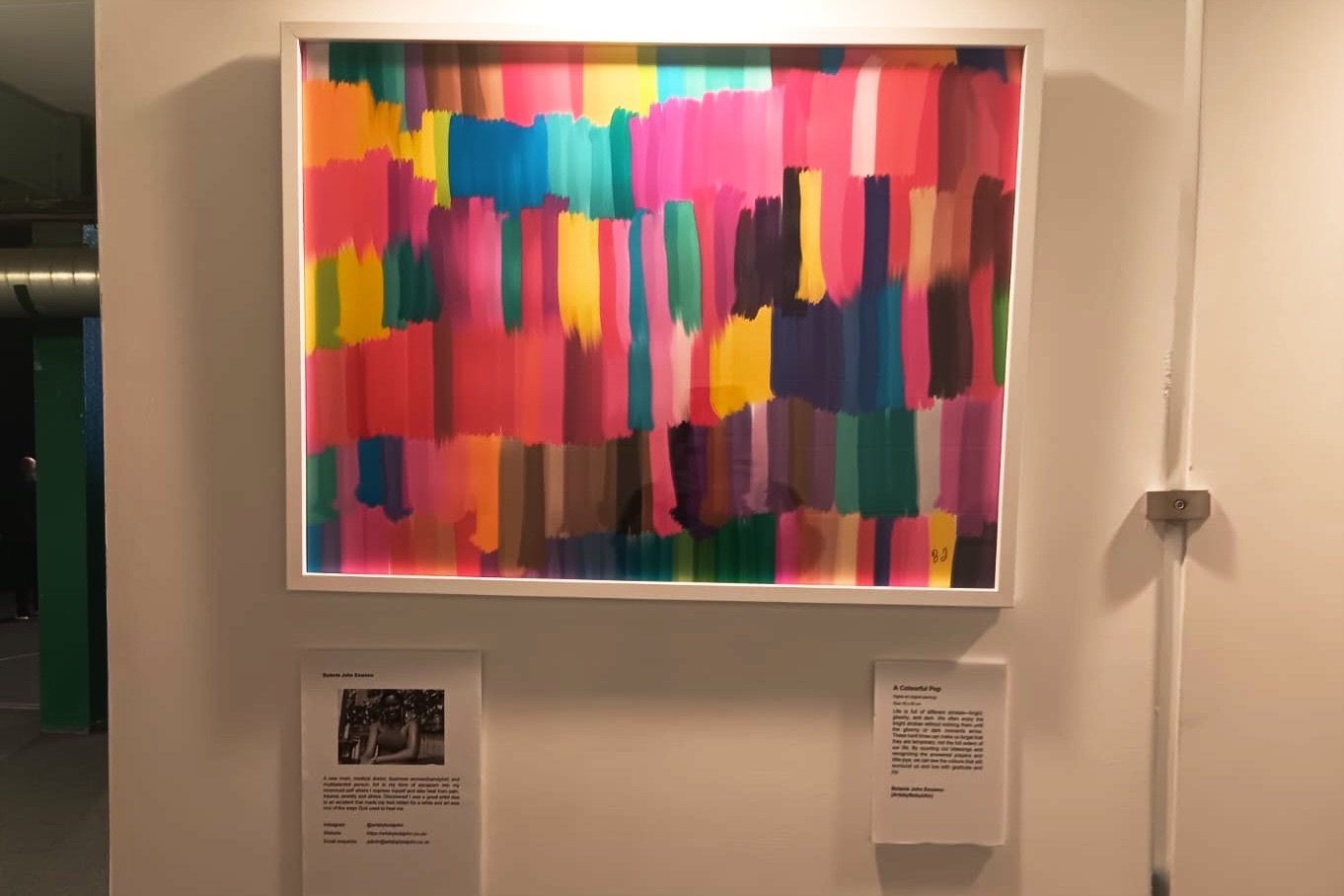 A Colourful Pop installed in a gallery with its exhibition notes